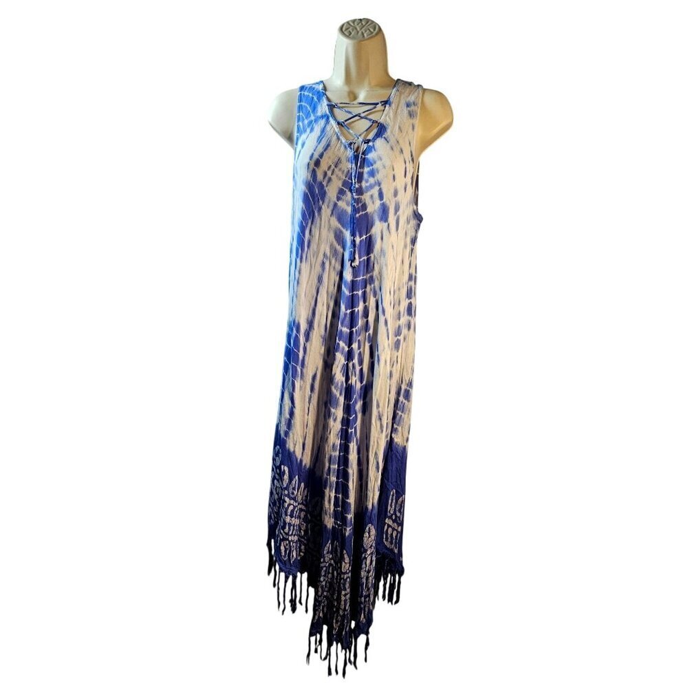 Blue Tie Dye Resort Maxi Dress Fringe Hem One Size Rayon Beach Cover Up NWT